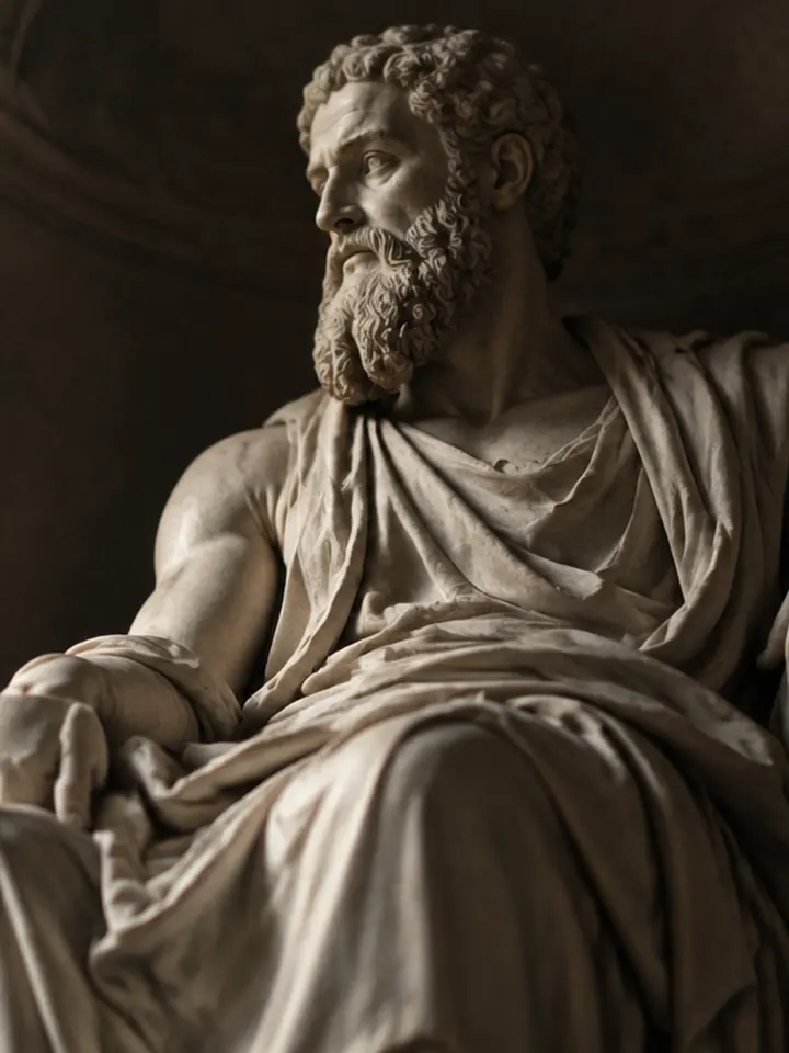 Escultura clássica de um filósofo sentado, em mármore